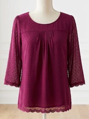 Anthropologie| Maeve| Burgundy Swiss Dot Scoop-Neck Flowy 3/4 Sleeve Top Sz 6
